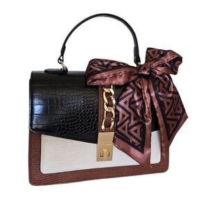 Top Handle Satchel Purse Black Brown White Faux Croc Leather Gold Chain Classic